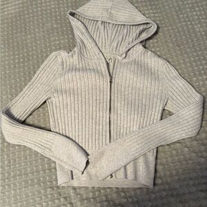 Aerie Light Gray Ribbed Zip-Up Hoodie